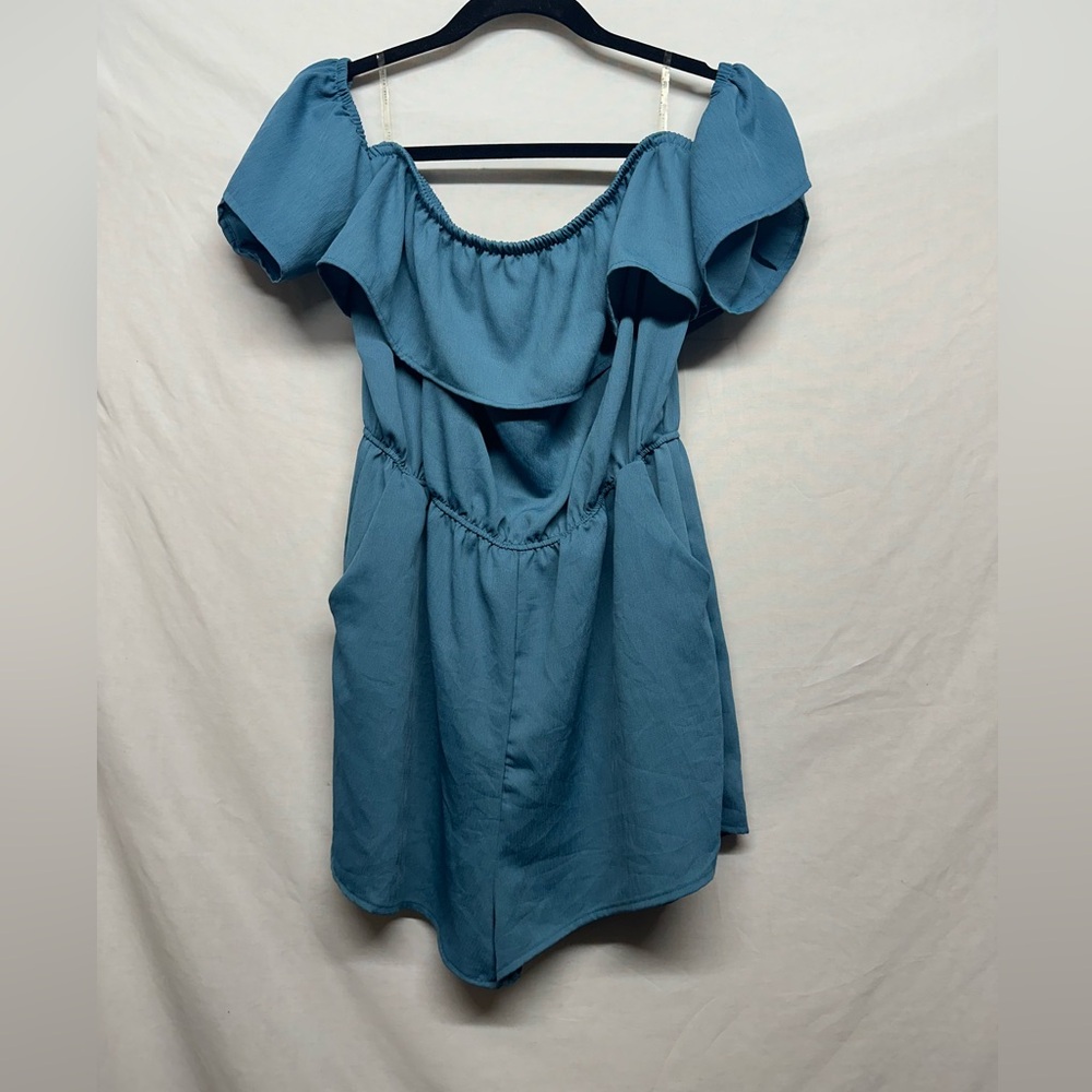 Haute Monde Aqua Teal‎ Print Ruffle Romper Classic Chic Large Flattering 1 piece